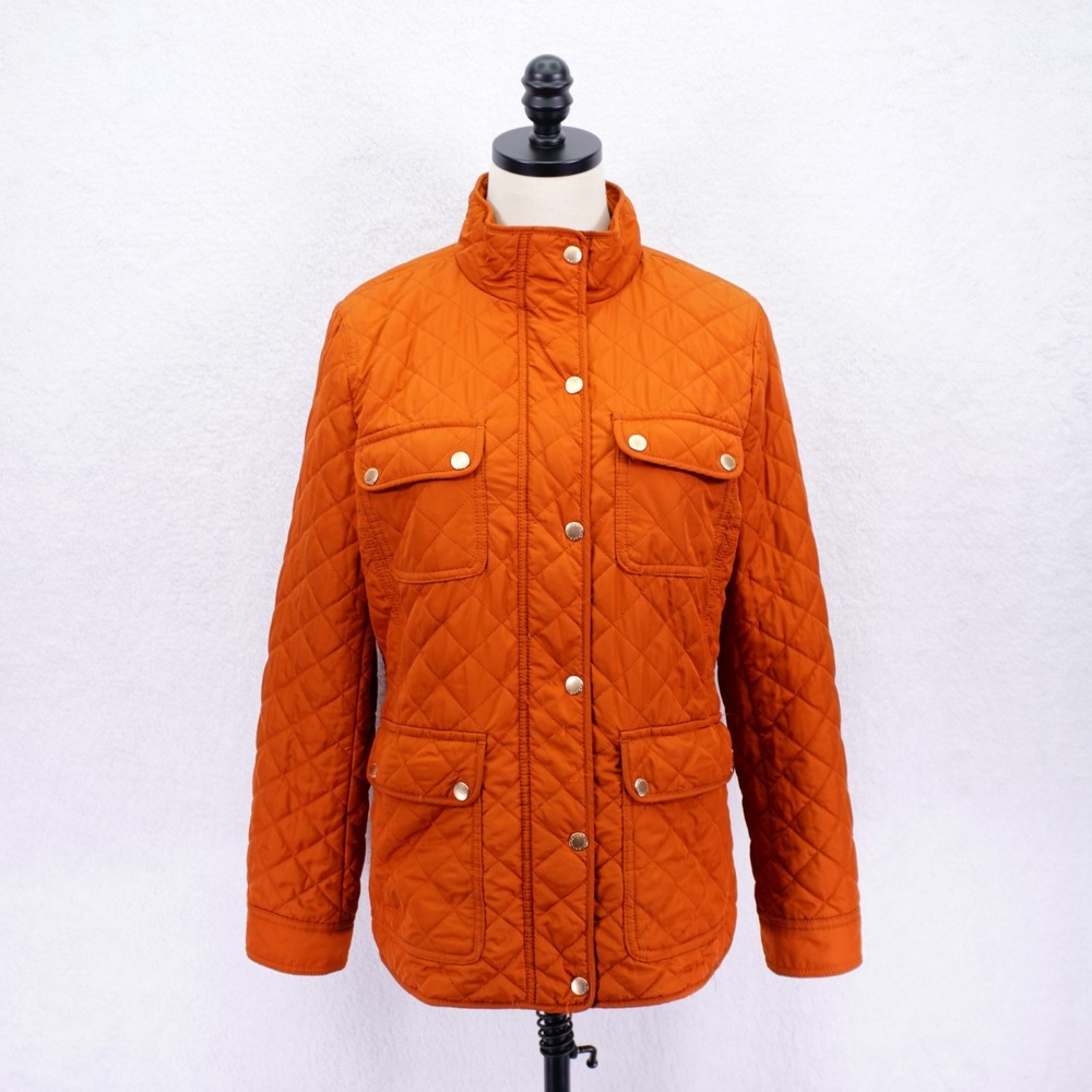 Talbots -Medium- Orange Puffer‎ Zip Button Up Sweater Jacket Pockets Polyester